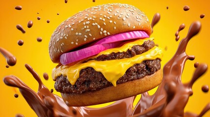 Delicious Double Cheeseburger with BBQ Sauce Splash and Sesame Bun