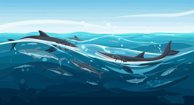 Oceanic Symphony: An animated depiction of a group of marine creatures gracefully navigating the depths of the ocean.