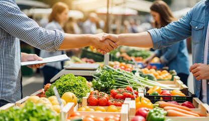 Farmers market handshake between vendor and customer over fresh produce display - symbolizing a successful transaction or partnership