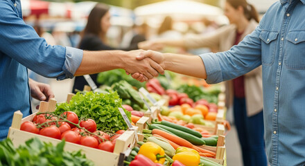 Successful agreement finalized with a handshake between buyer and seller over a colorful variety of fresh, organic vegetables and fruits at an outdoor market stall - symbolizing a successful transacti