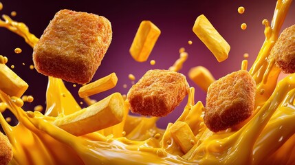 Crispy Chicken Nuggets and French Fries Splashing in Cheese Sauce