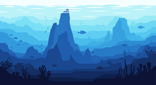 Underwater Vista: Immerse yourself in the tranquility of an animated underwater world, featuring undulating seabed formations and graceful aquatic life in shades of azure blue.