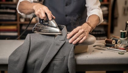 Medium shot of a tailor carefully pressing and padding a notch lapel highlighting precision in collar shaping and fabric manipulation for a crisp professional finish.