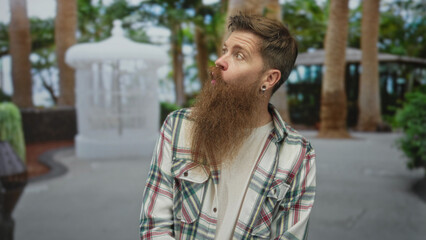 Bearded young man in plaid shirt opens mouth in forest among palm trees and green foliage; surprise.