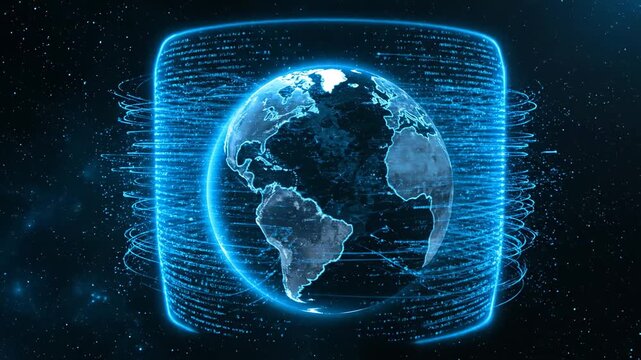 Digital Earth globe surrounded by a glowing blue data shield, representing global network security and technology.