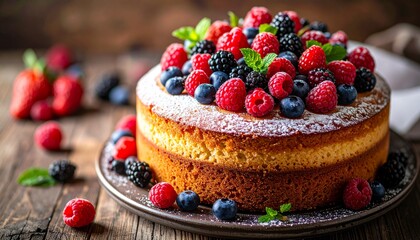 35.A sponge cake topped with an abundance of fresh berries and mint, sitting on a rustic wooden table. The close-up shot captures the moist, airy texture of the cake,