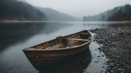 Wooden boat rests on a pebbled shoreline.