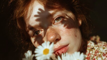 A girl with freckles on her face, where the shadows of white daisies fall, looks gentle and enchanting  © ANDREI