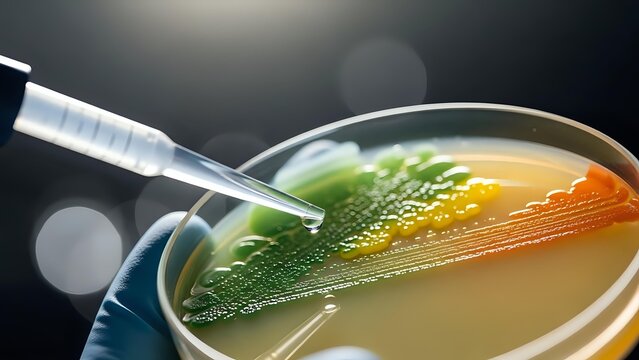 Laboratory technician using inoculation loop to streak bacterial culture on agar plate for microbiology research and pathogen identification in sterile environment.