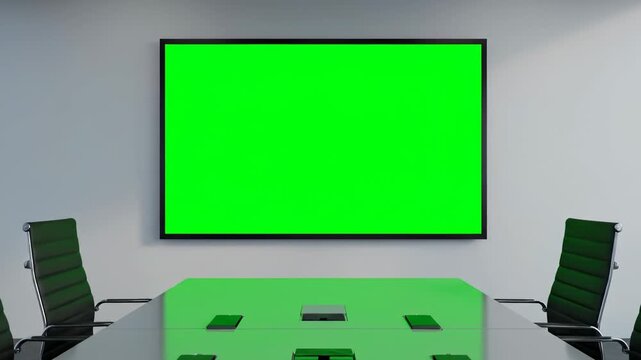 Modern conference room with a large green screen TV for presentations and virtual meetings.