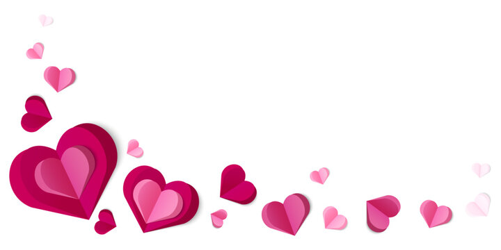 Romantic corner border design with layered pink and red hearts in paper cut style. Valentines Day cards,wedding invitations, love posters, banners,printables, and digital templates.Vector illustration