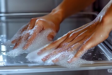 Fototapeta premium Hands washing with soap and water in kitchen sink, proper hygiene and cleanliness routine for health and safety at home.