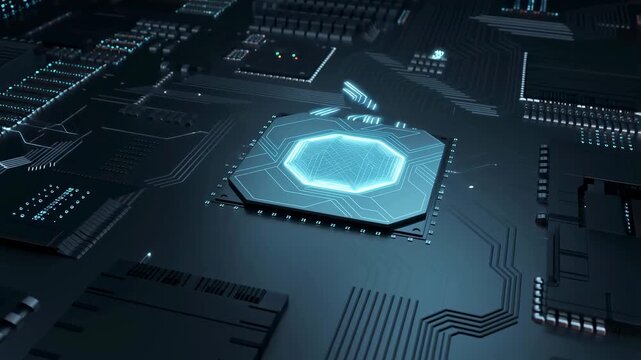 High-tech microprocessor on a circuit board with glowing connections. Represents the backbone of modern technology and innovation in electronics
