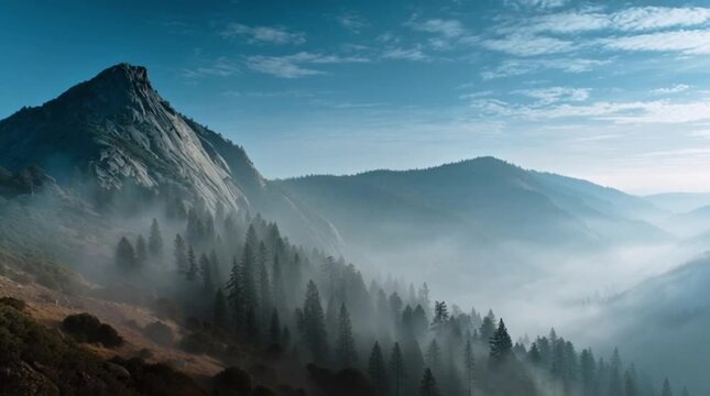 Misty mountain valley with rugged peak and pine tree forest under blue sky