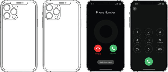 Smartphone Front and Back View Mockup with Incoming Call Screen, Dial Pad Interface, and Modern Mobile UI Design