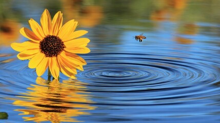 A vibrant sunflower floats on tranquil water, with a bee in flight above.