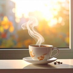 Kaffeetasse mit Dampf am Fenster