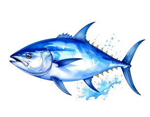 Obraz premium A vibrant watercolor illustration of a sleek, blue fish leaping in water. This aquatic creature has detailed fins and scales