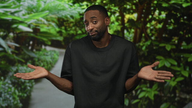 Man in black t shirt shrugs with palms up on a leafy green park path, facing camera with a slight smile; uncertainty casual relaxed.