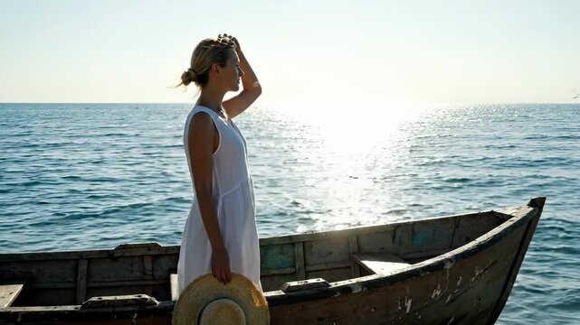 woman stands beside boat on sea. sunlight glints across water surface. dress flows softly while hat held near wooden hull by shore. horizon meets reflection along calm summer expanse. calm breeze.