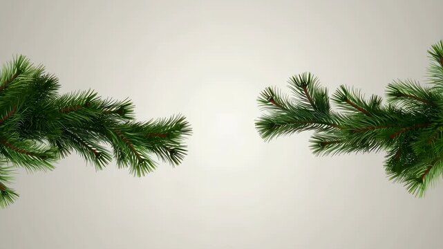 Lush green pine branches framing a soft, neutral background. Ideal for holiday decorations and seasonal themes