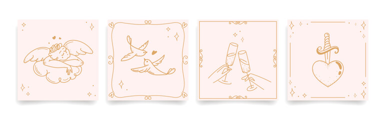 Minimalist Hand drawn romantic cards templates with cupid, doves, champagne toast, and heart for Valentines Day cards,wedding invitations,posters, branding, stickers, social media, packaging.Vector © Ilonka eva