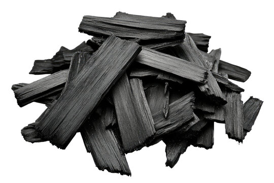 Pile of dark, charred wood pieces, angled and textured