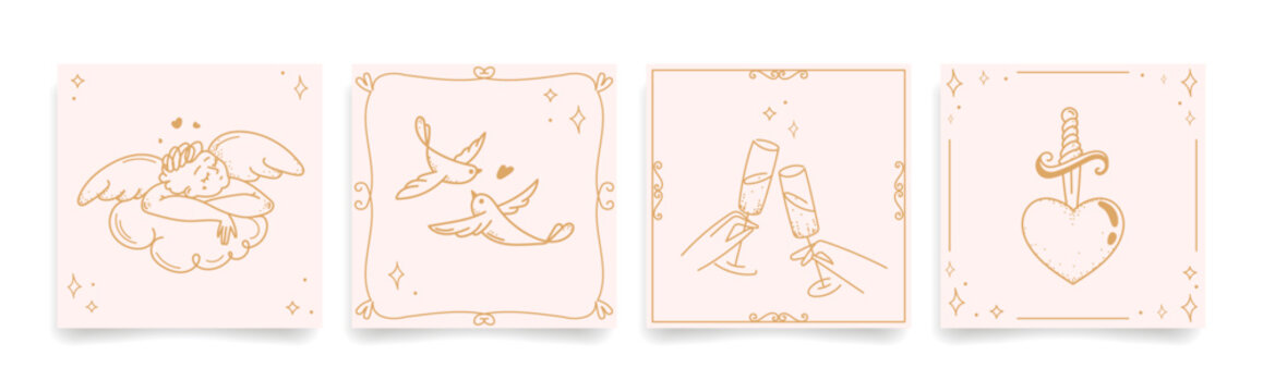 Minimalist Hand drawn romantic cards templates with cupid, doves, champagne toast, and heart for Valentines Day cards,wedding invitations,posters, branding, stickers, social media, packaging.Vector