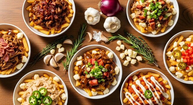 Top-down flat lay of multiple poutine bowls for a food festiva