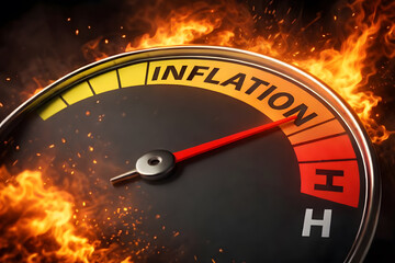 A close-up of an inflation gauge with a red needle pointing to high inflation surrounded by flames