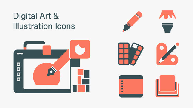 a collection of colorful digital art and illustration icons including a pencil computer phone and various design tools high quality professional detailed modern elegant stylish clean