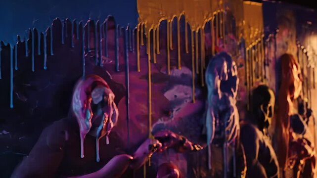 woman with paint on face in portrait. makeup and neon color wash over skin. art mural with drip pattern and sculpture near light. gallery installation with plaster figure. closeup cosmetic pigment.