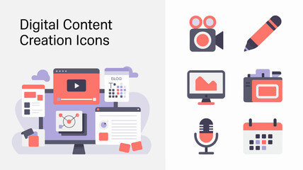 a collection of flat design icons representing digital content creation including video writing and broadcasting tools high quality professional detailed modern elegant stylish clean crisp vibrant © Raian