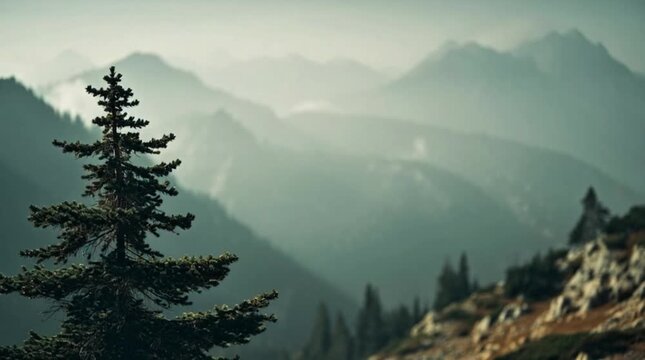 Isolated Pine Tree on Slope overlooking Misty Mountain Valley Landscape