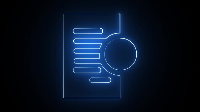 Glowing neon magnifying glass focus on document icon isolated on transparent background. Data analysis concept. Market research, analytic. Business marketing analysis forecast sign animated.