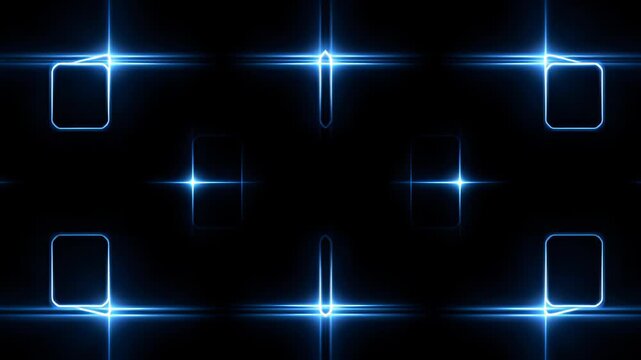 Geometric pattern of glowing blue lines and rounded squares on black