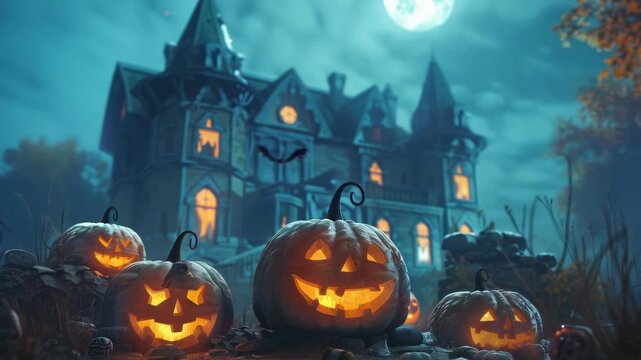 Video A group of carved pumpkins sit outside a medieval-style castle, perfect for Halloween decorations or spooky atmosphere