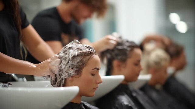 Medium shot showing students at standing shampoo bowls concentrating on hair washing process sharp focus on their hands and heads blurred modern salon setting.