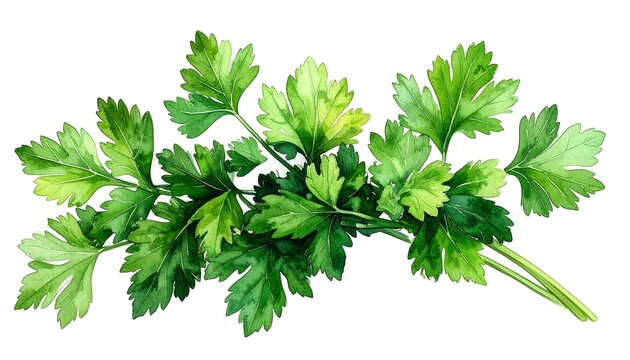 A vibrant watercolor illustration showcases a sprig of fresh, green parsley against a stark white background