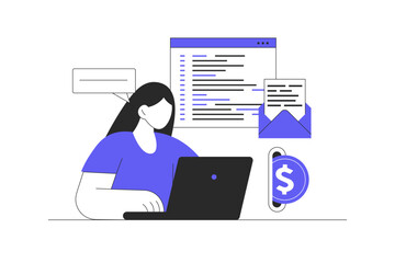 Multitasking. Woman doing different tasks in office, coding and programming at laptop, earning money. Flat Cartoon Vector Illustration, icon Stylish abstract design landing page web
