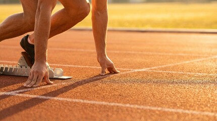 Athlete poised at the starting line, ready for an intense race on the track under the golden glow of competition and determination