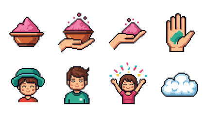 Pixel art icons depicting Holi festival elements and happy people celebrating