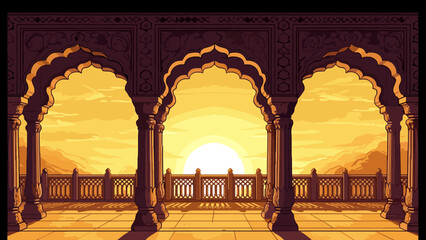 Naklejka premium Ornate arches frame a vibrant sunset over a mountainous landscape, evoking ancient India