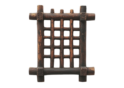 Rustic wooden lattice window panel, dark stained, square grid