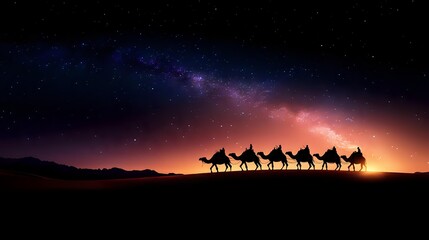 Fototapeta premium Desert caravan silhouette with camels walking across sand dunes under starry night sky with Milky Way galaxy and colorful sunset horizon for travel concepts.