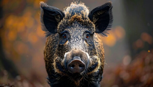 Close-up of a Wild Boar in Autumn Forest.