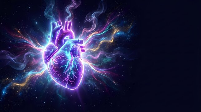 Glowing human heart with electric energy lightning bolts radiating outward against dark starry space background for medical and science concepts.