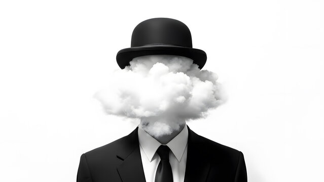 Surreal businessman with head replaced by cloud and bowler hat | Black and white conceptual art of man in suit with obscured face | Anonymous corporate worker concept for confusion or innovation 