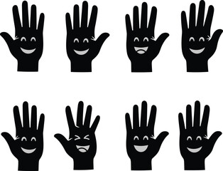 Obraz premium Collection of black vector hand shapes with smiling faces, happy emotion symbols, waving hello gestures, fun cartoon icons for communication design
