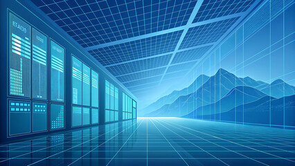 Digital Server Room with Data Grid Overlay on Blue Mountain Landscape Background